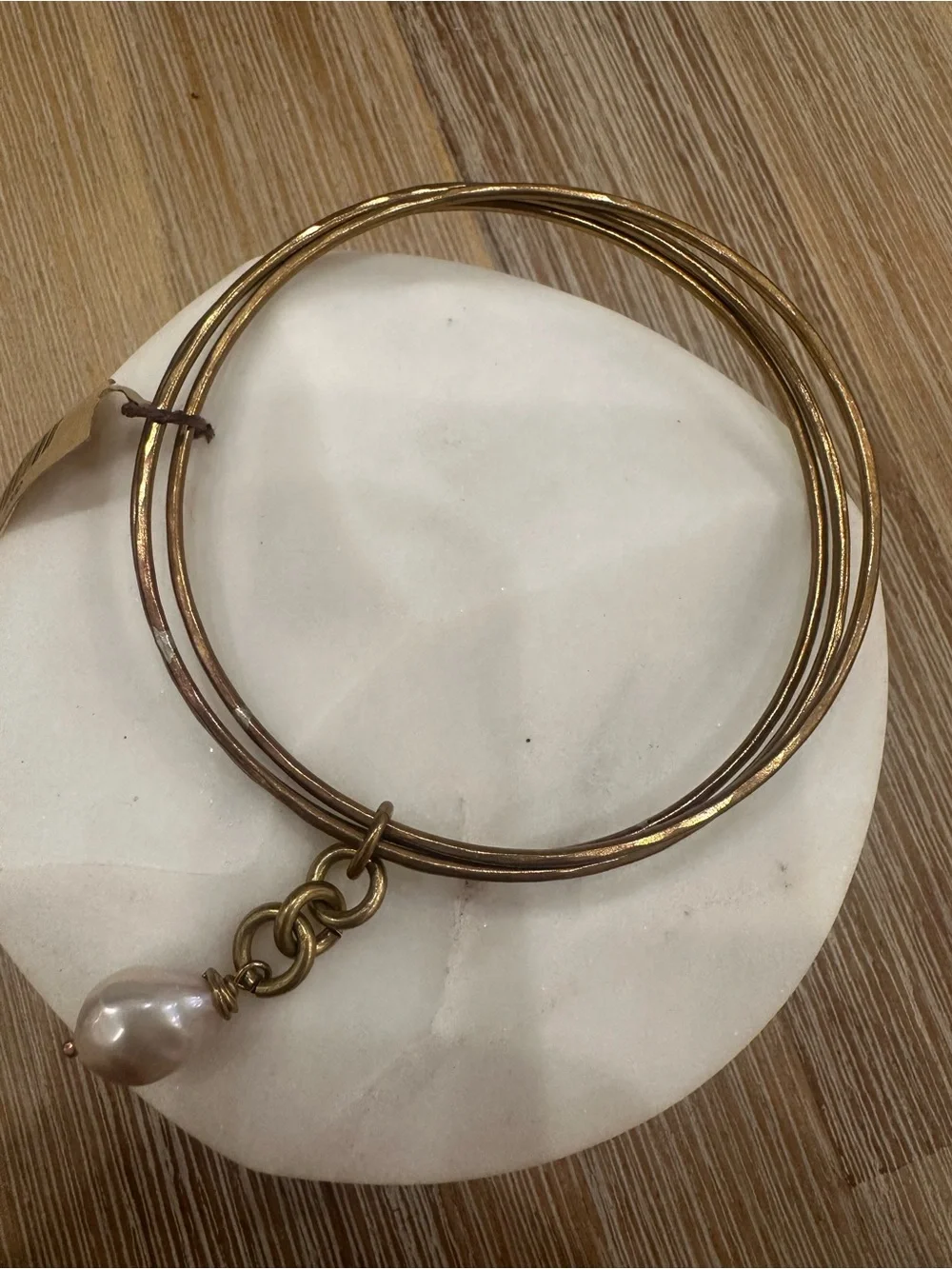 Bronze Multi-Strand Bangle Bracelet with Baroque Freshwater Pearl Dangle Charm